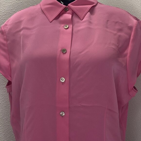 NEW THEORY Women’s Shirt Bright Pink Size L Cap Short Sleeve Silk Georgette - Picture 9 of 10